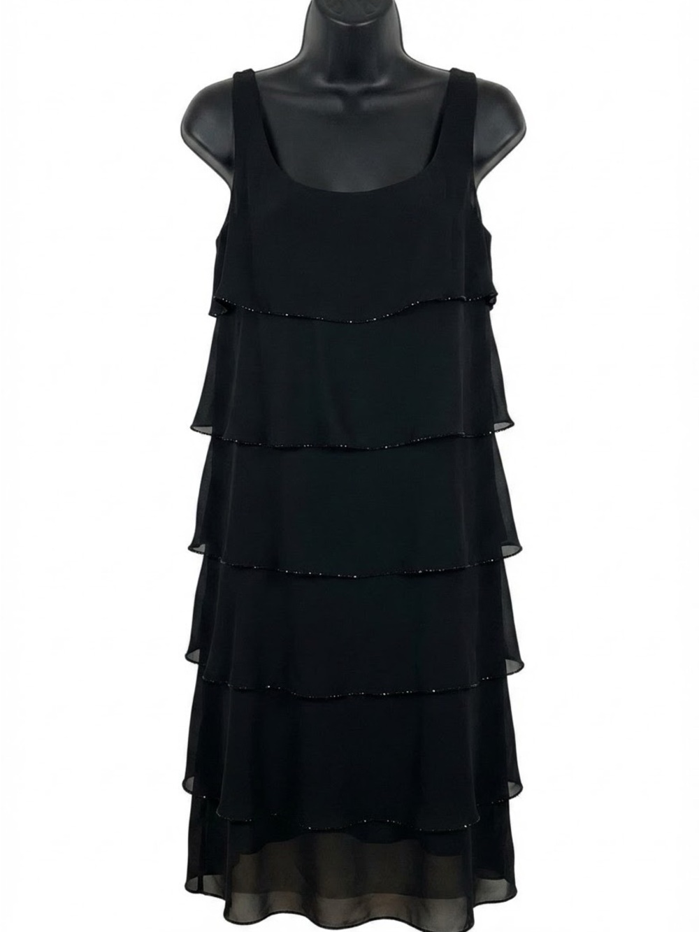 Patra Black Tiered Chiffon Cocktail Dress with Sequin Trim size 6